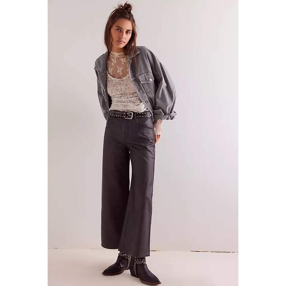 Free People We The Free Misha High Rise Wide Barrel Pants Black Coated Size 26